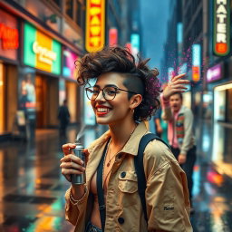 A vibrant scene depicting a person with a stylish hairstyle enjoying a vibrant city street while it's raining