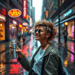 A vibrant scene depicting a person with a stylish hairstyle enjoying a vibrant city street while it's raining