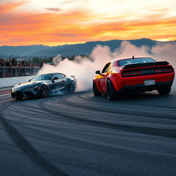 A dramatic scene showcasing multiple high-performance cars drifting on a racetrack, tires smoking and leaving rubber marks on the asphalt
