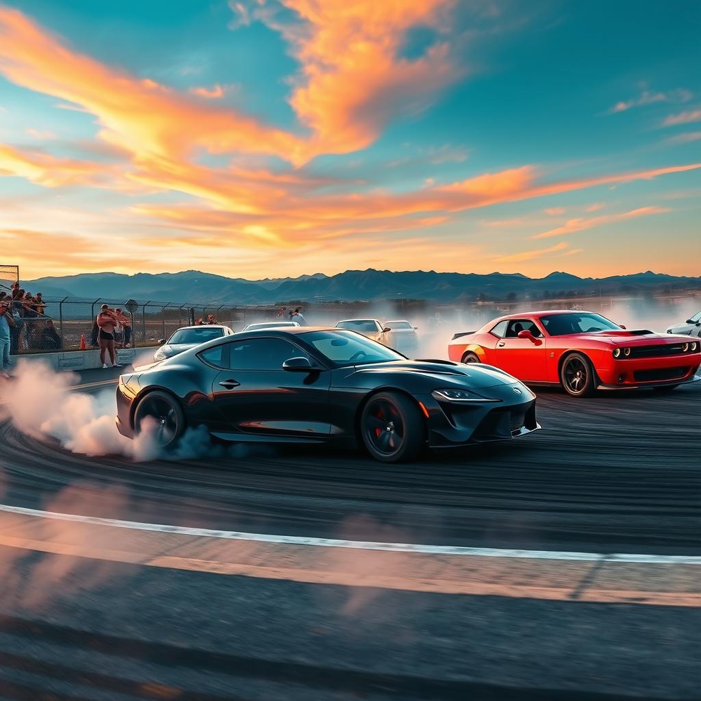A dramatic scene showcasing multiple high-performance cars drifting on a racetrack, tires smoking and leaving rubber marks on the asphalt