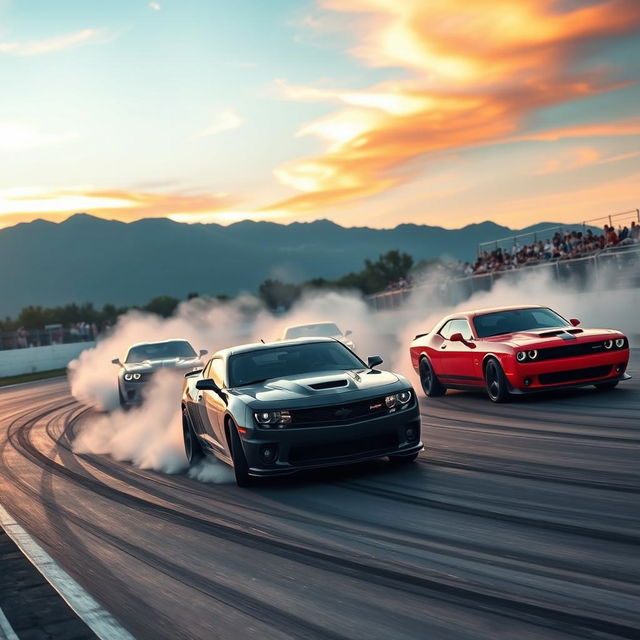 A dramatic scene showcasing multiple high-performance cars drifting on a racetrack, tires smoking and leaving rubber marks on the asphalt