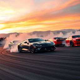 A dramatic scene showcasing multiple high-performance cars drifting on a racetrack, tires smoking and leaving rubber marks on the asphalt