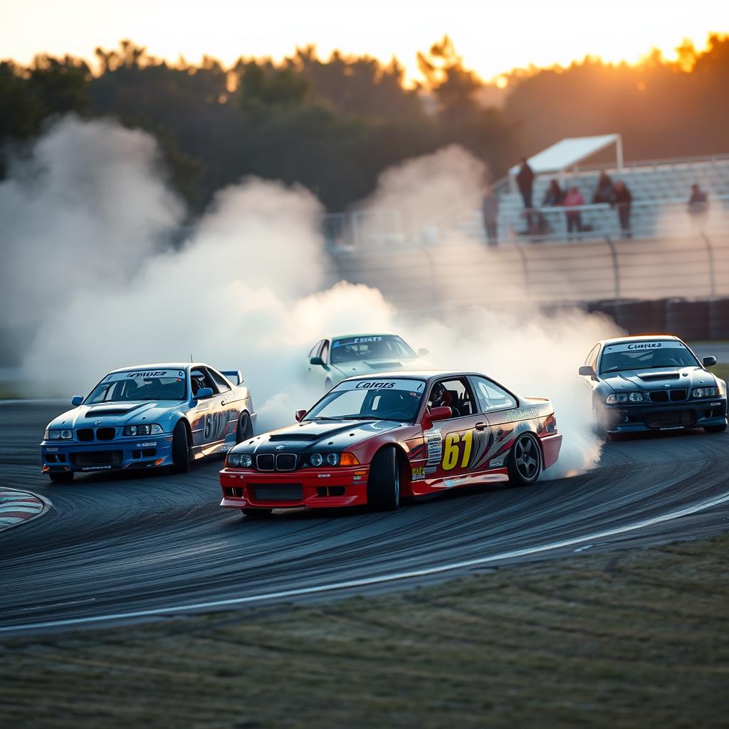 A thrilling scene featuring several cars drifting on a curved race track