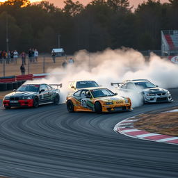 A thrilling scene featuring several cars drifting on a curved race track
