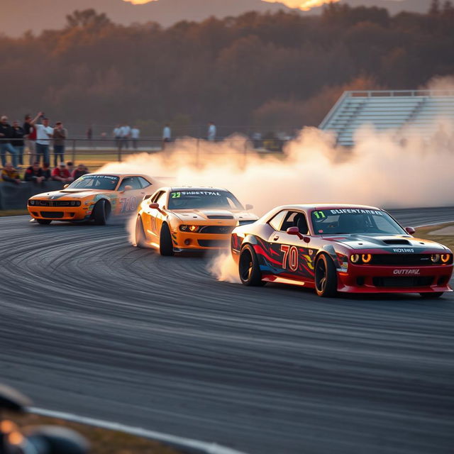 A thrilling scene featuring several cars drifting on a curved race track