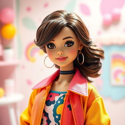 A stunning young woman resembling a Barbie doll, approximately 21 years old, with medium brown 3B hair styled beautifully and deep brown eyes