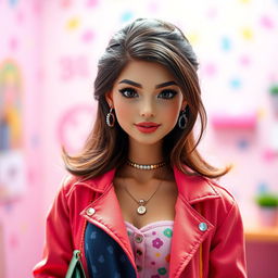 A stunning young woman resembling a Barbie doll, approximately 21 years old, with medium brown 3B hair styled beautifully and deep brown eyes