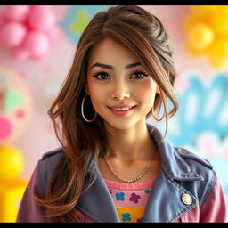 A stunning young woman resembling a Barbie doll, approximately 21 years old, with medium brown 3B hair styled beautifully and deep brown eyes