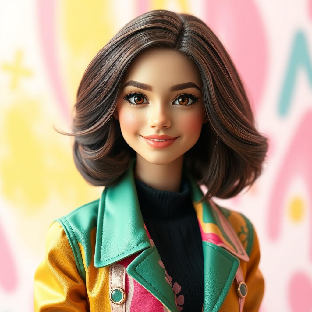 A stunning young woman resembling a Barbie doll, approximately 21 years old, with medium brown 3B hair styled beautifully and deep brown eyes