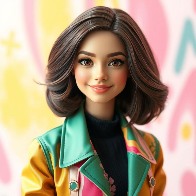 A stunning young woman resembling a Barbie doll, approximately 21 years old, with medium brown 3B hair styled beautifully and deep brown eyes