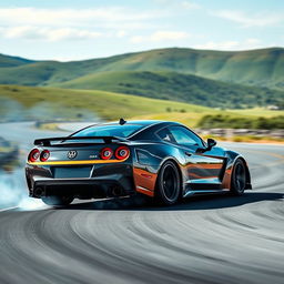 A powerful car drifting on a winding road, showcasing its sleek design and vibrant paint job
