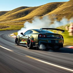 A powerful car drifting on a winding road, showcasing its sleek design and vibrant paint job