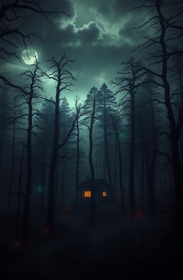 An isolated, small wooden cottage situated in the middle of a dense, eerie forest