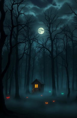 An isolated, small wooden cottage situated in the middle of a dense, eerie forest