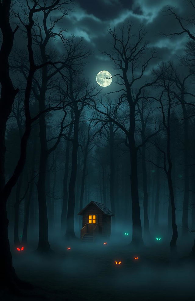 An isolated, small wooden cottage situated in the middle of a dense, eerie forest