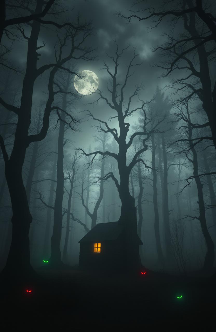An isolated, small wooden cottage situated in the middle of a dense, eerie forest