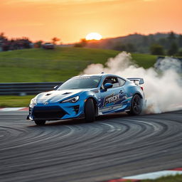 A Toyota car expertly drifting on a sharp curve of a race track, showcasing its sporty design and sleek lines