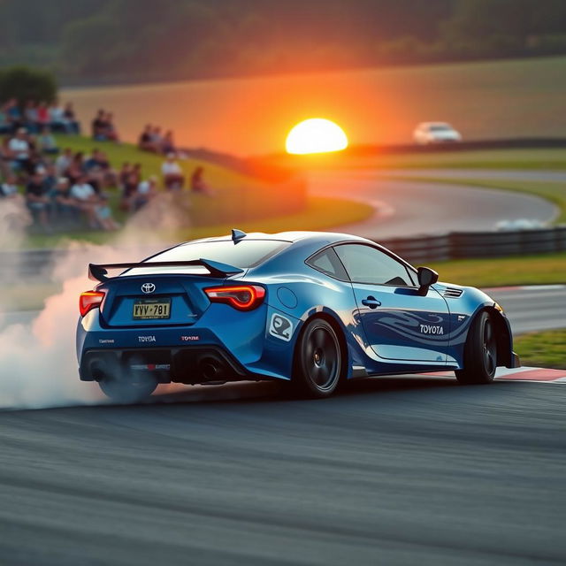 A Toyota car expertly drifting on a sharp curve of a race track, showcasing its sporty design and sleek lines