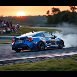 A Toyota car expertly drifting on a sharp curve of a race track, showcasing its sporty design and sleek lines
