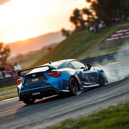 A Toyota car expertly drifting on a sharp curve of a race track, showcasing its sporty design and sleek lines