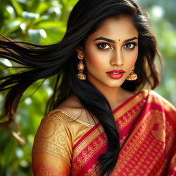 A vibrant, captivating portrait of a beautiful Bangladeshi actress, reminiscent of Methila, with striking features and an expressive gaze