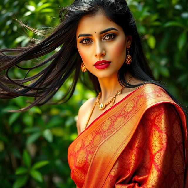 A vibrant, captivating portrait of a beautiful Bangladeshi actress, reminiscent of Methila, with striking features and an expressive gaze