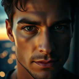 A close-up portrait of a strikingly handsome man with captivating, deep eyes that convey emotion