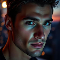 A close-up portrait of a strikingly handsome man with captivating, deep eyes that convey emotion
