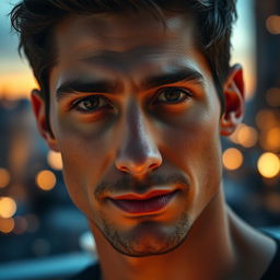 A close-up portrait of a strikingly handsome man with captivating, deep eyes that convey emotion