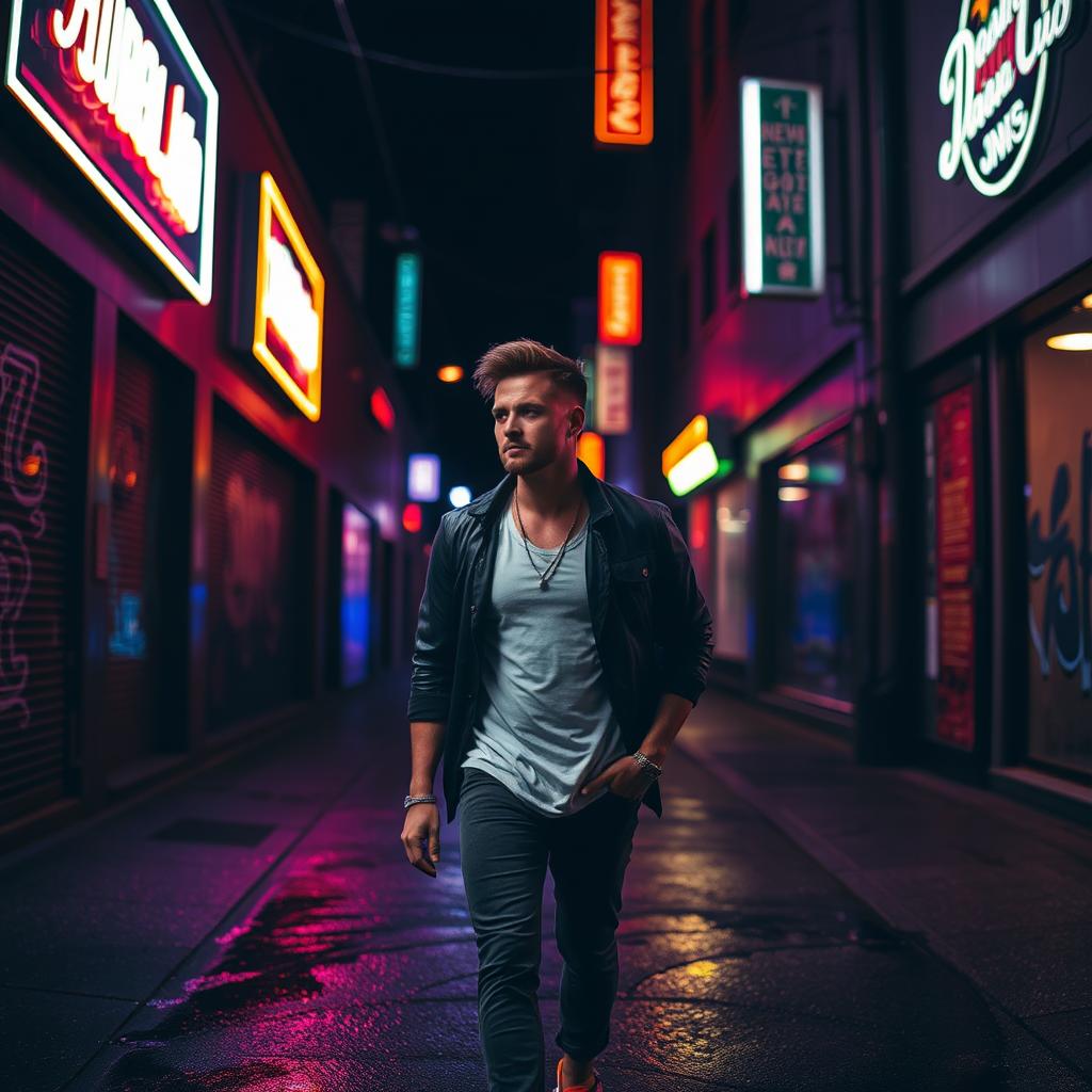 A man walking down a dark street at night, illuminated by vibrant neon lights reflecting off the walls