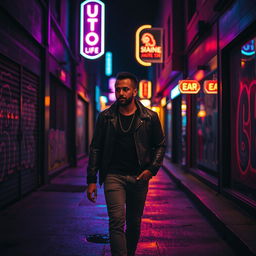 A man walking down a dark street at night, illuminated by vibrant neon lights reflecting off the walls