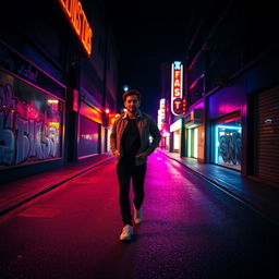 A man walking down a dark street at night, illuminated by vibrant neon lights reflecting off the walls
