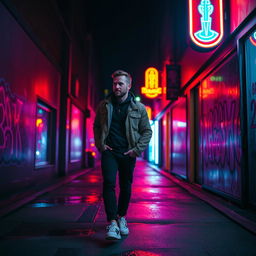 A man walking down a dark street at night, illuminated by vibrant neon lights reflecting off the walls