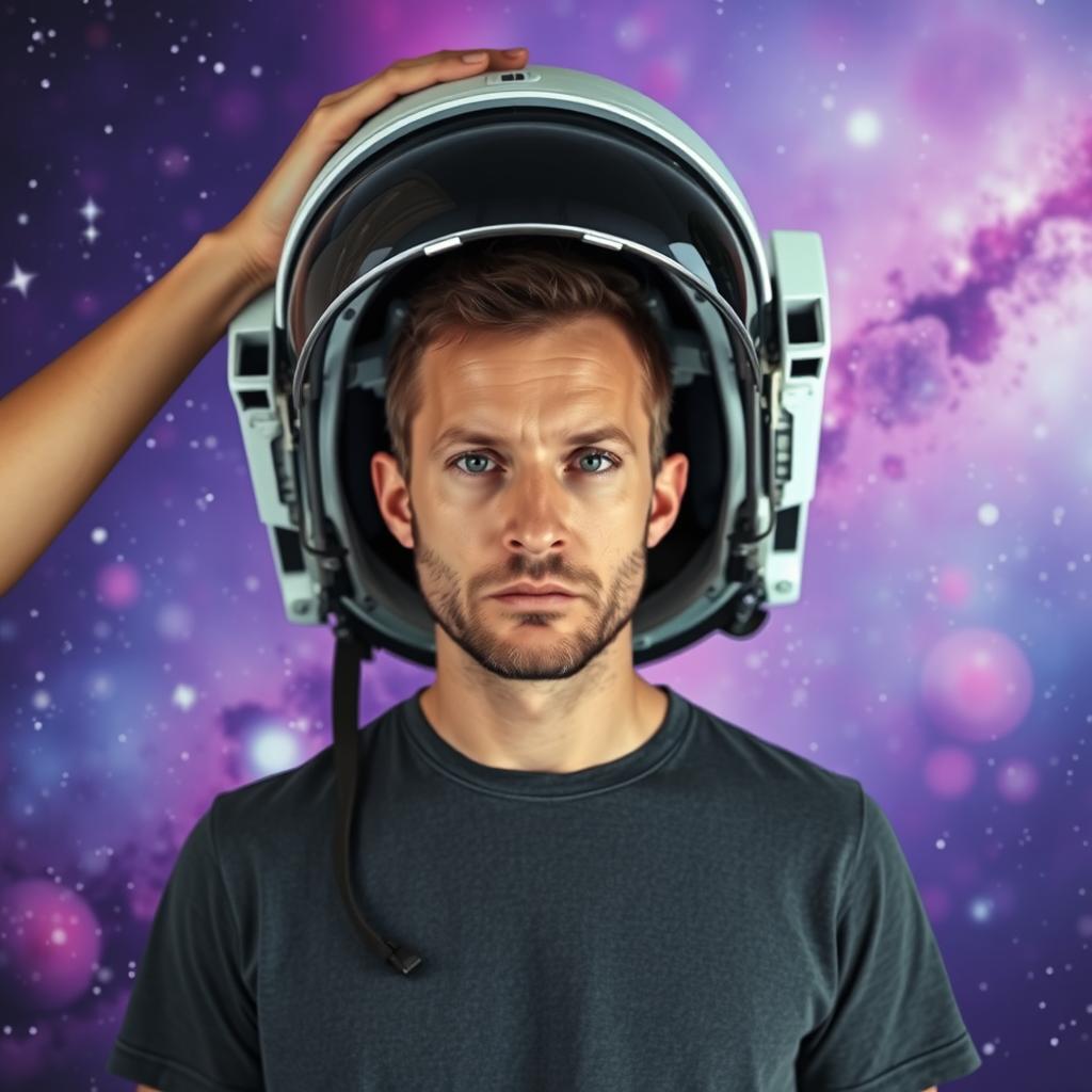 An ordinary man holding an astronaut helmet upside down on his head, not wearing it, with a neutral facial expression
