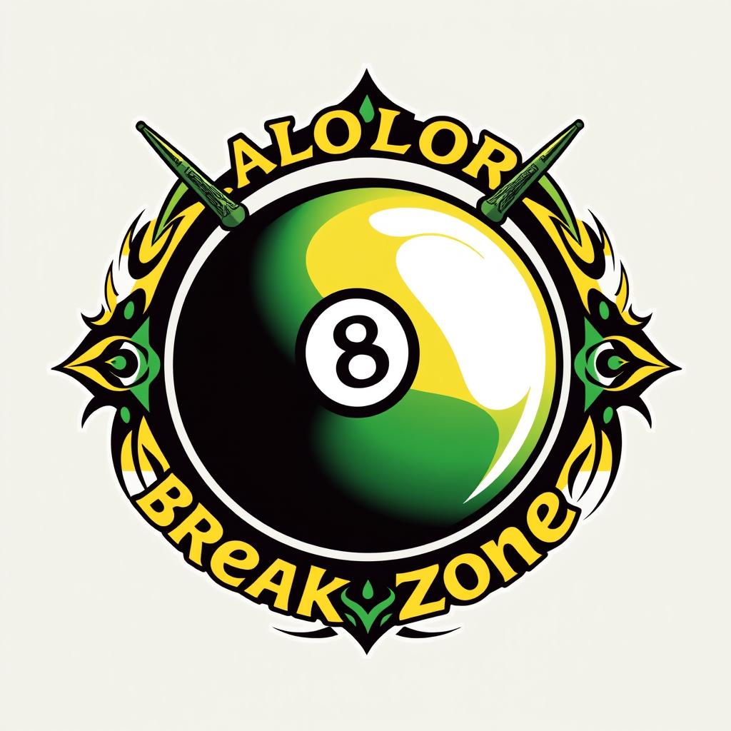 A logo design for 'Alolor Break Zone' featuring tribal designs, prominently displaying an 8 ball and cue sticks