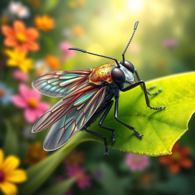 A highly detailed illustration of a bug, featuring iridescent wings and intricate patterns on its body