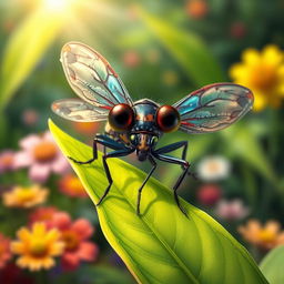 A highly detailed illustration of a bug, featuring iridescent wings and intricate patterns on its body