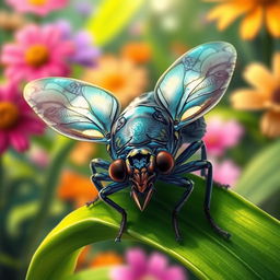 A highly detailed illustration of a bug, featuring iridescent wings and intricate patterns on its body