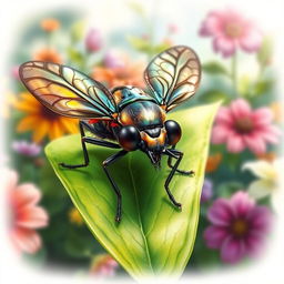 A highly detailed illustration of a bug, featuring iridescent wings and intricate patterns on its body