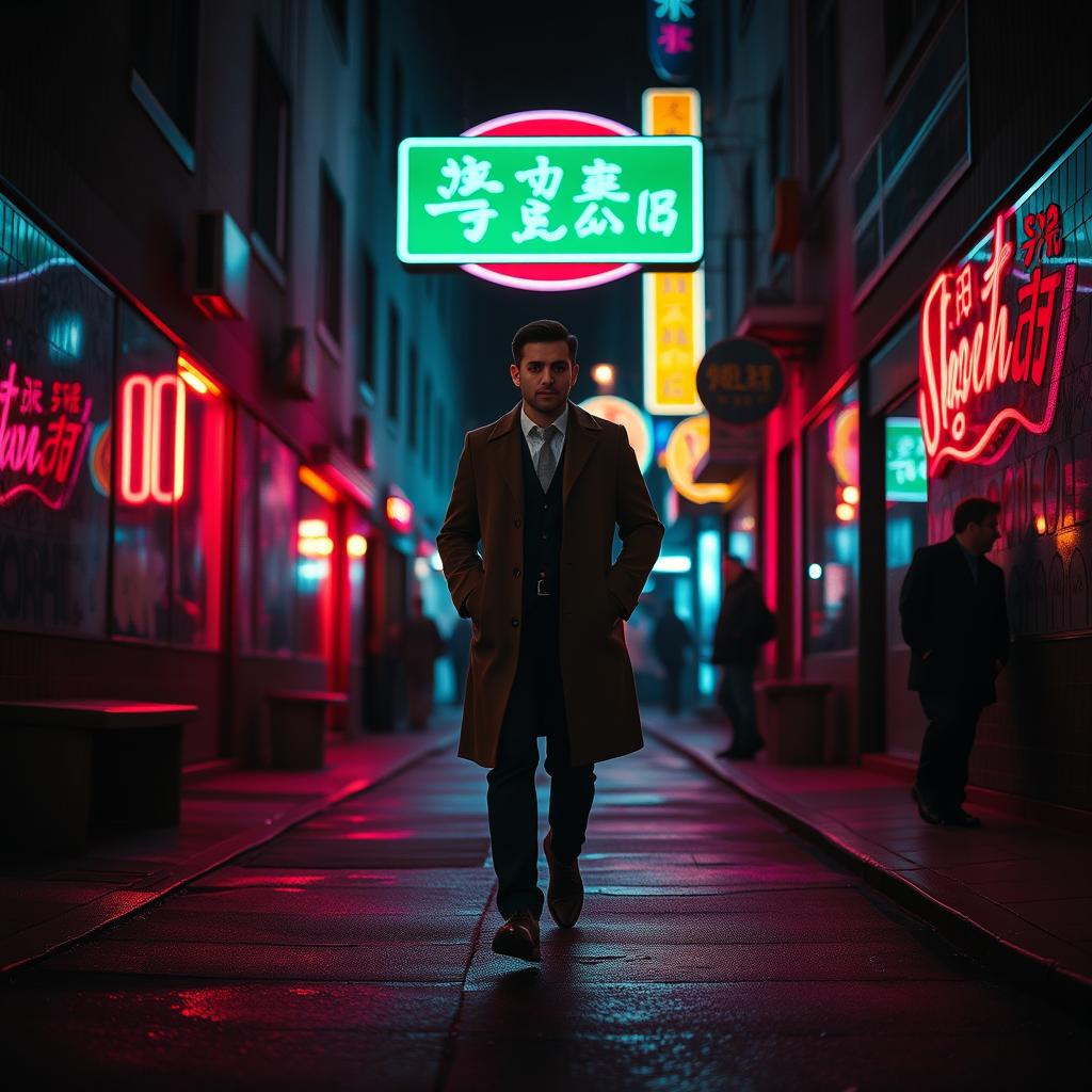 A man dressed in a classic outfit, including a long coat, walking down a dark street at night