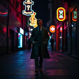 A man dressed in a classic outfit, including a long coat, walking down a dark street at night