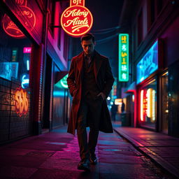 A man dressed in a classic outfit, including a long coat, walking down a dark street at night