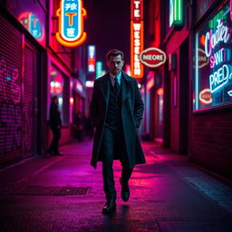 A man dressed in a classic outfit, including a long coat, walking down a dark street at night