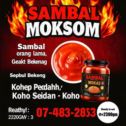 Visually striking poster ad for a spicy sambal product named 'Sambal Moksom'