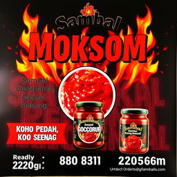 Visually striking poster ad for a spicy sambal product named 'Sambal Moksom'