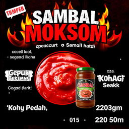 Visually striking poster ad for a spicy sambal product named 'Sambal Moksom'
