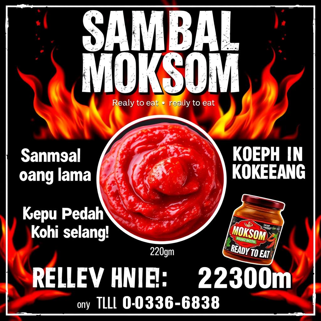 Visually striking poster ad for a spicy sambal product named 'Sambal Moksom'