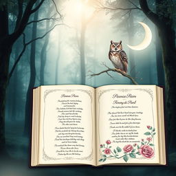An elegant collection of poems visually represented, featuring a mystical forest backdrop with soft, ethereal lighting