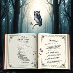 An elegant collection of poems visually represented, featuring a mystical forest backdrop with soft, ethereal lighting