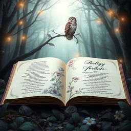 An elegant collection of poems visually represented, featuring a mystical forest backdrop with soft, ethereal lighting